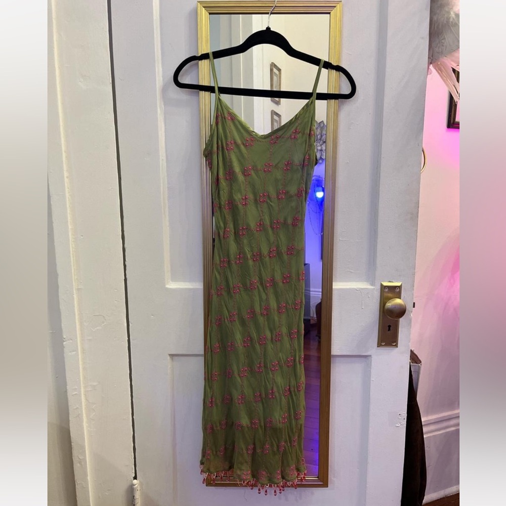 Rare Betsey Johnson Green Cocktail Evening Dress with Pink Embroidery & Beading